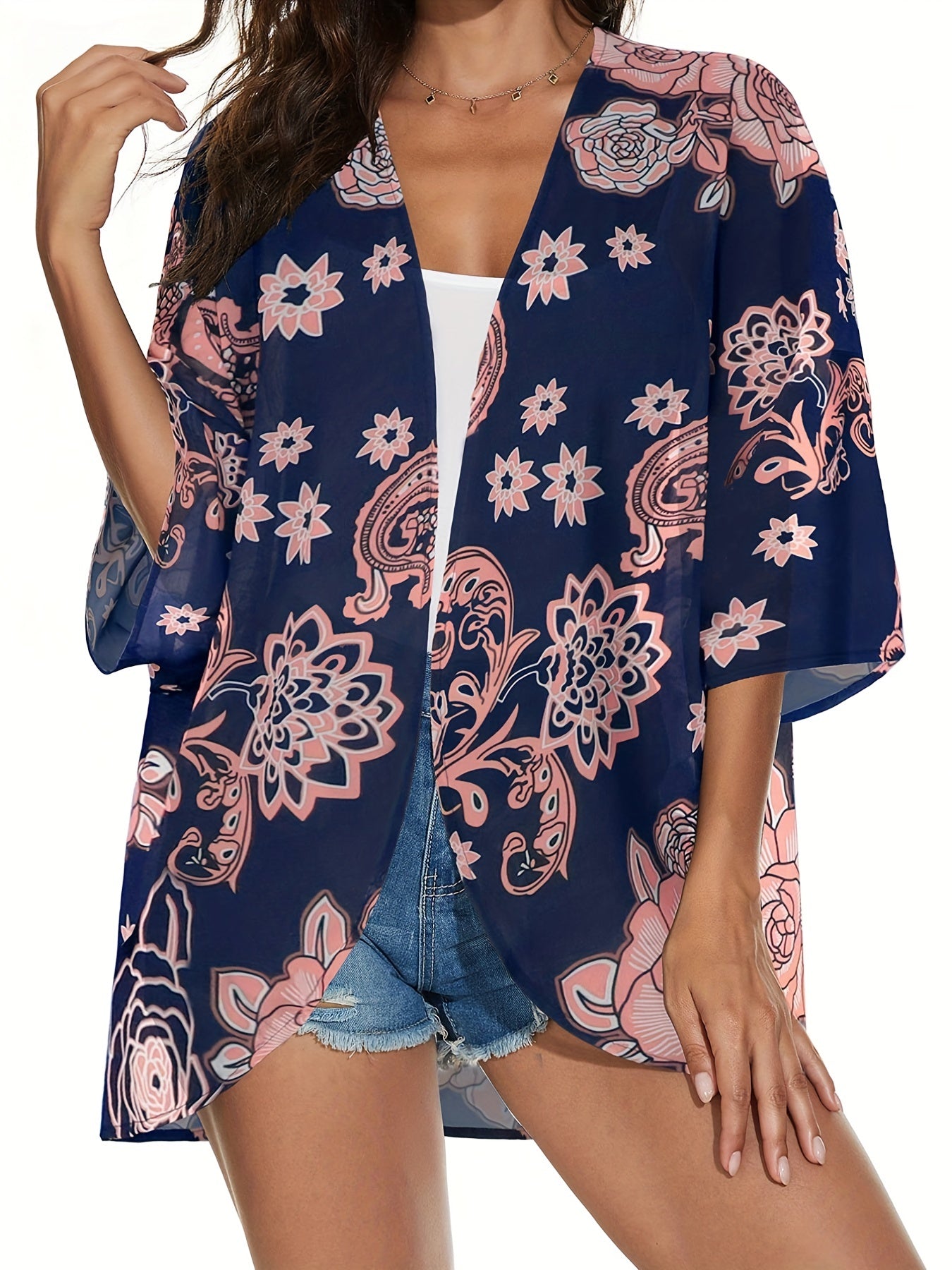 Floral Pattern Shirt Loose Fit V Neck Cover-Up