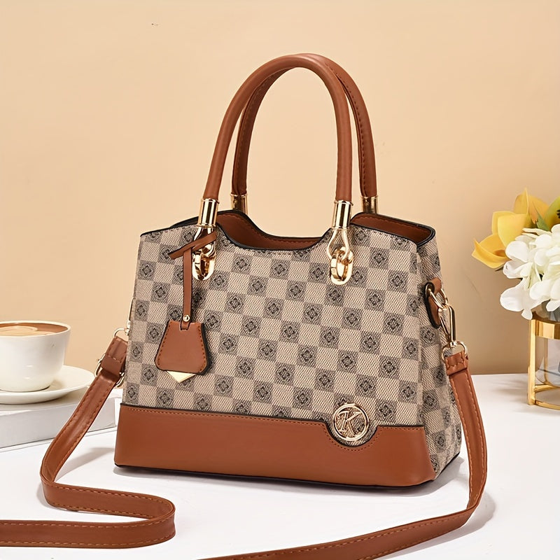 Geometric Plaid Faux Leather Top Handle Bag for Women