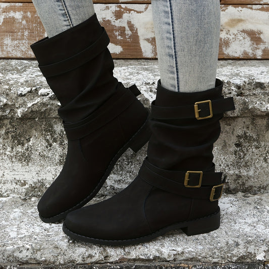 Women's Chunky Heel Boots with Buckle Strap, Slip On Comfortable Western Boots