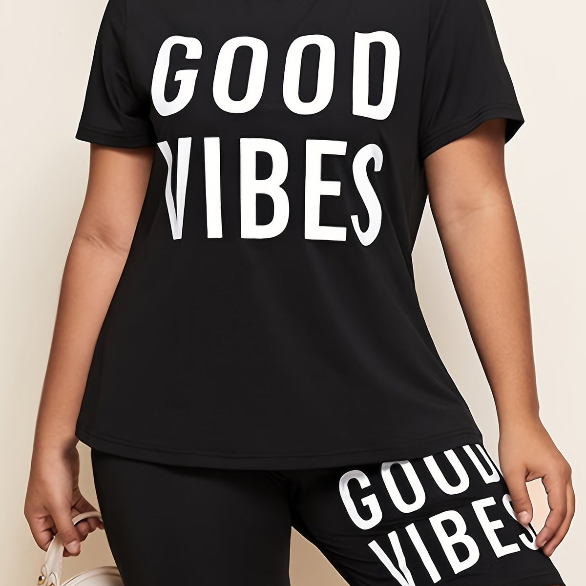 Letter Tee & Shorts Set Women's Plus Medium Stretch 2pcs Outfits
