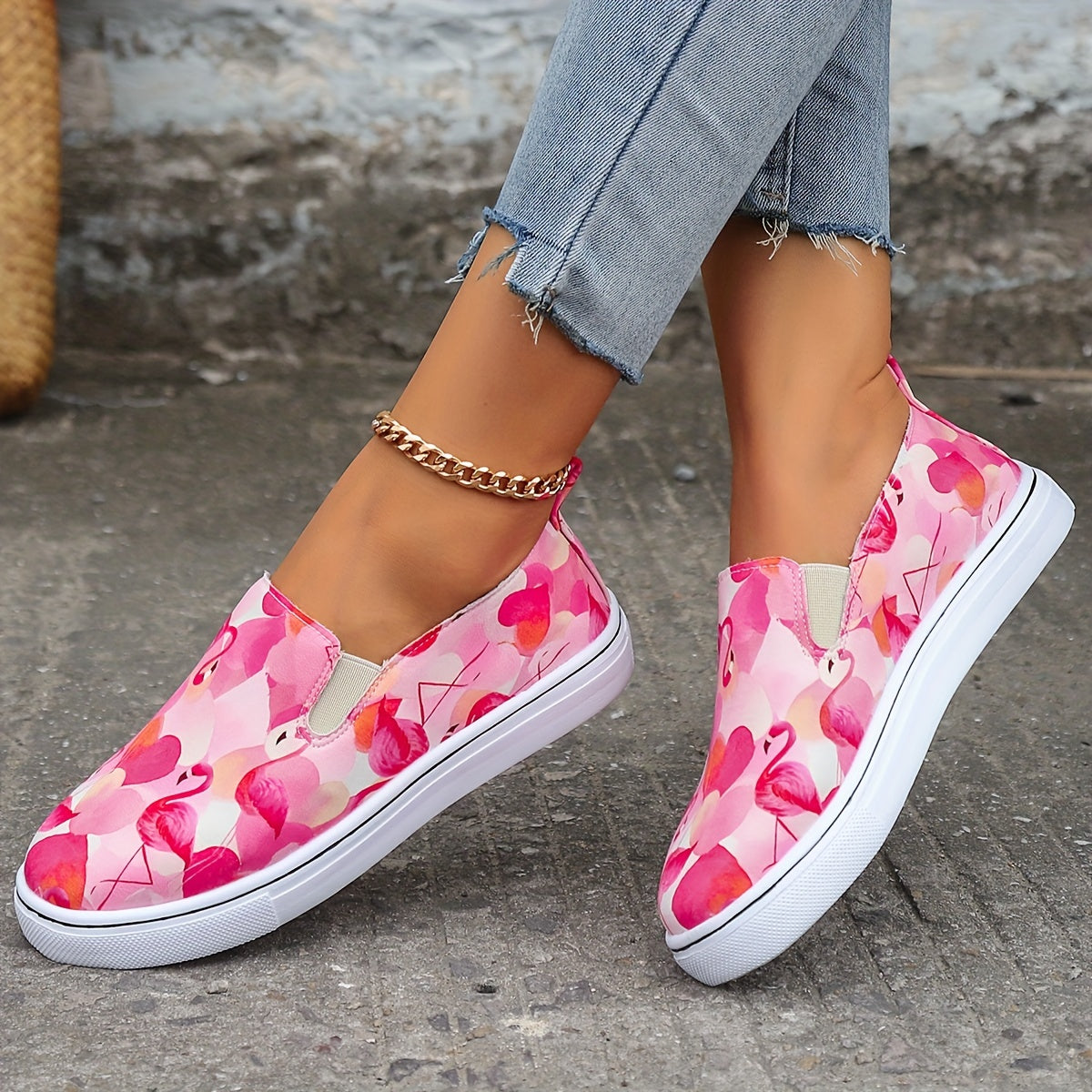 Pink Flamingo Heart Print Slip-On Sneakers
