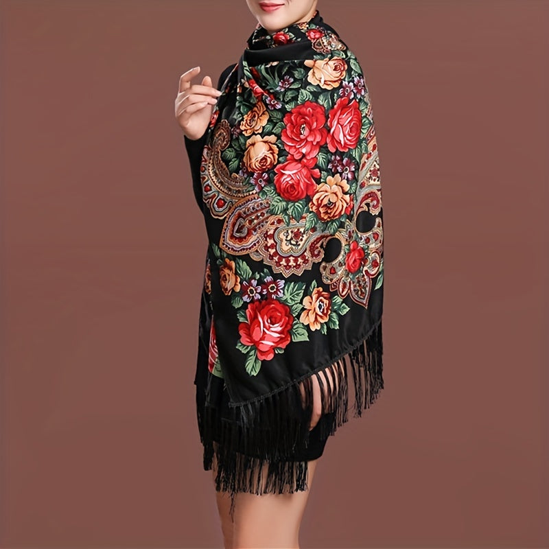 Flower Print Tassel Scarf Vintage Windproof Shawl Women