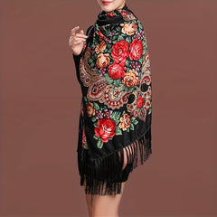 Flower Print Tassel Scarf Vintage Windproof Shawl Women
