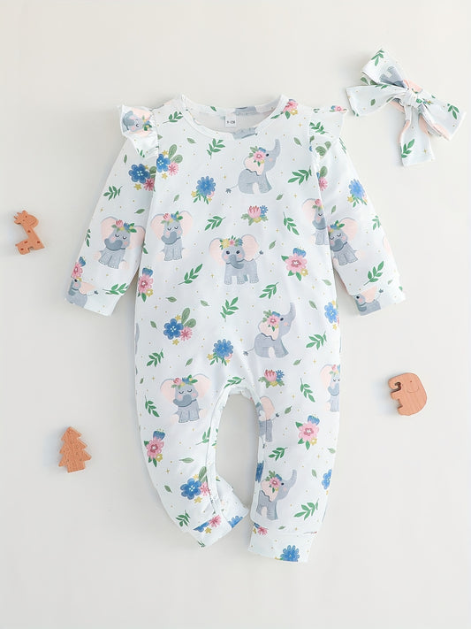 Elephant Graphic Romper & Headband Set for Baby Girls