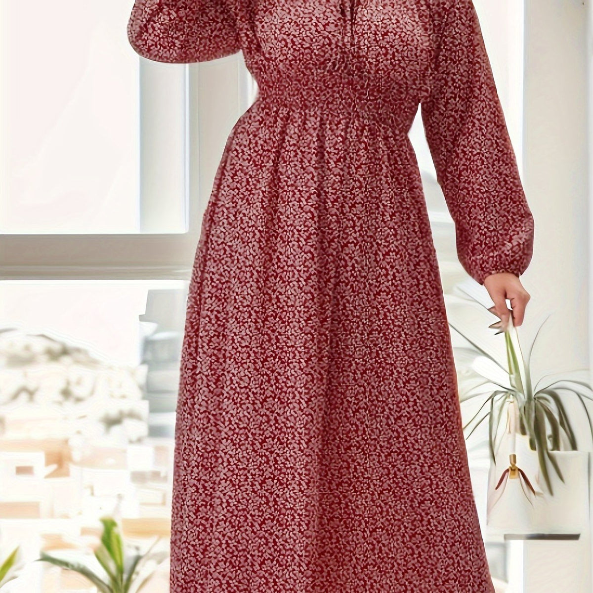  Casual Allover Print Long Sleeve Maxi Dress