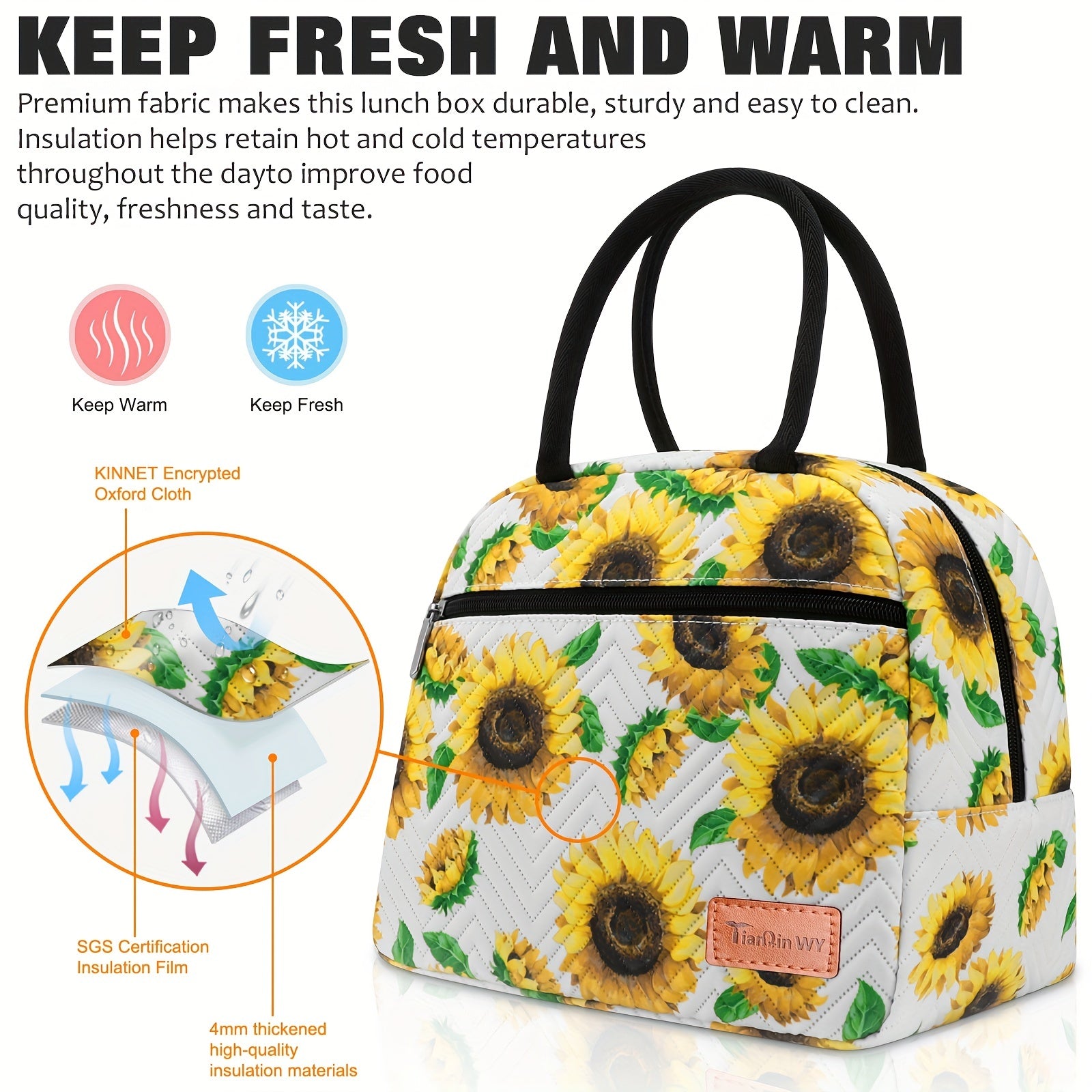 Sunflower Insulated Lunch Bag for Work School Picnic