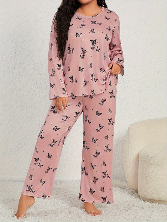  Butterfly Print Pajama Set Long Sleeve Tee & Pants Lounge 2 Piece