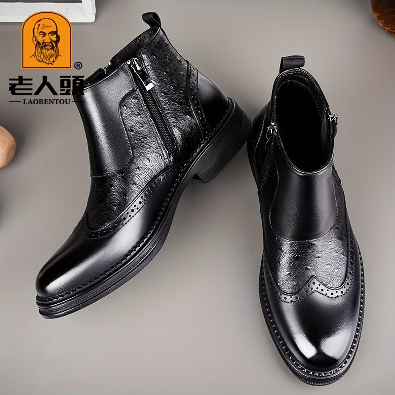 LAORENTOU Men's Brogue Zipper Boots Wear resistant Non Slip Boots