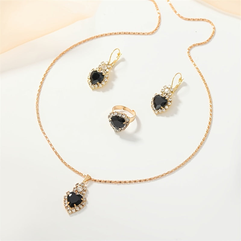 Heart Shape Pendant Jewelry Set Rhinestone Crystal Necklace Earrings Ring
