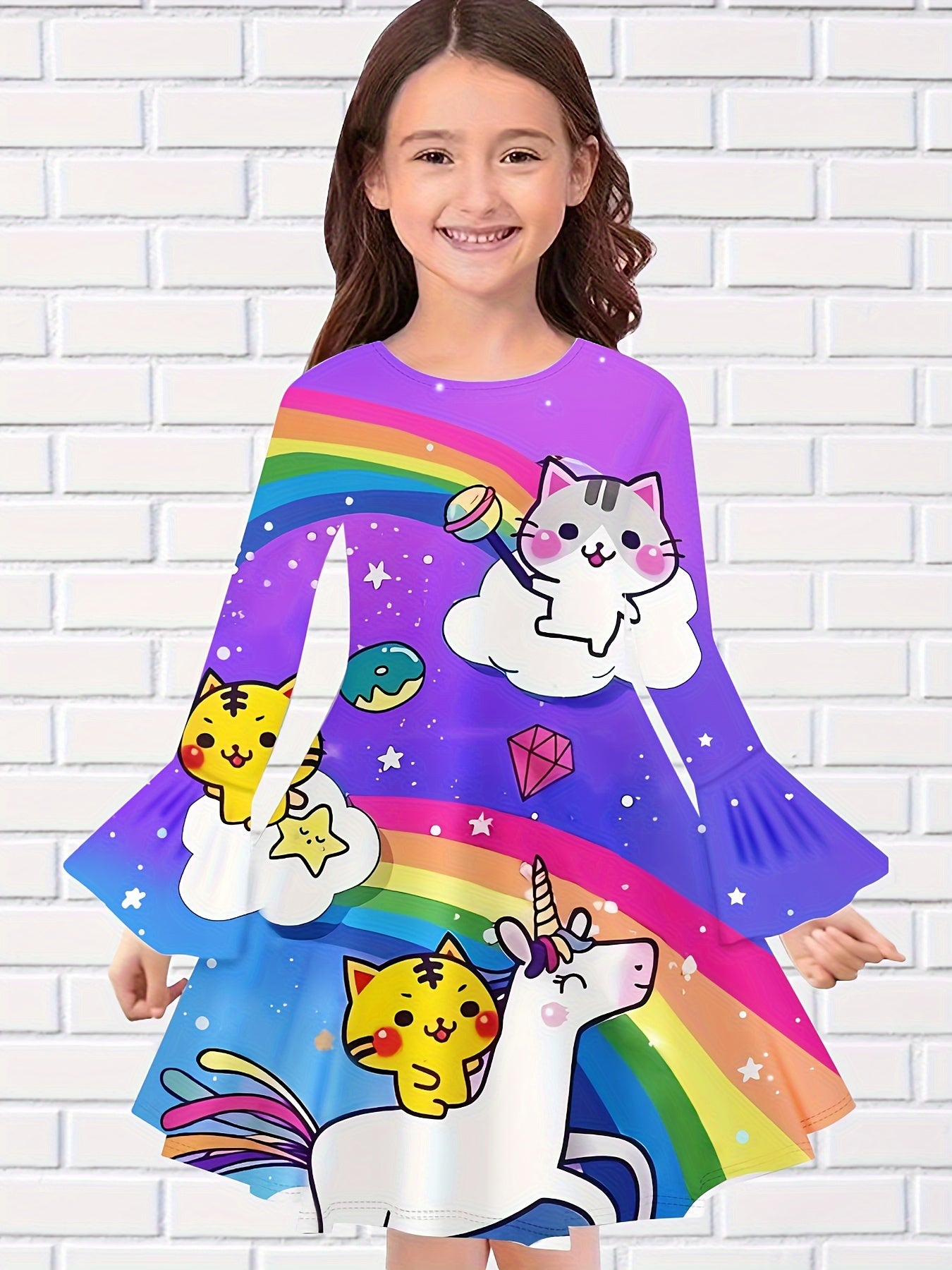 Cartoon Kitty & Rainbow Long Sleeve Dress for Girls