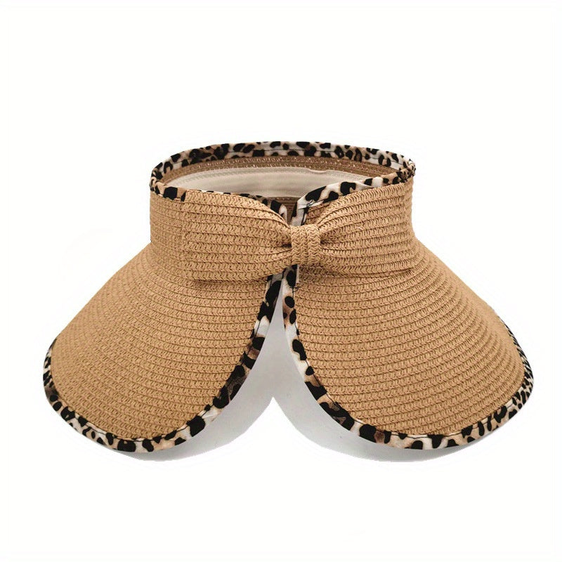 Leopard Straw Sun Visor Hat Wide Brim Sunscreen UV Protection Sun Hats Women