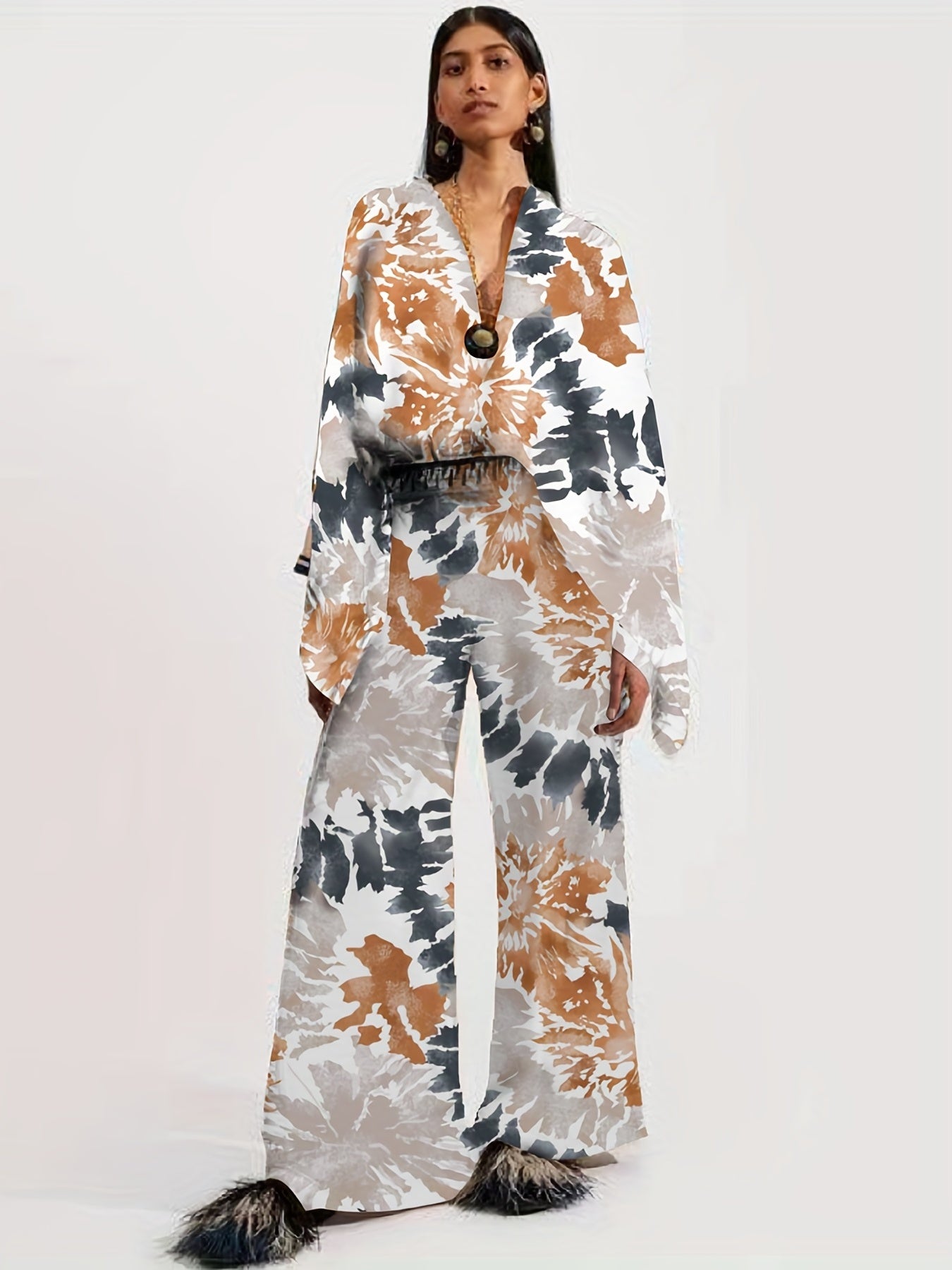Ethnic Print Two Piece Set Blouse & Pants Outfit