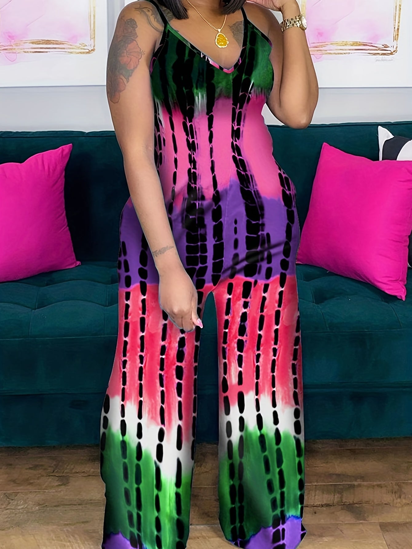  Tie Dye V Neck Wide Leg Jumpsuit