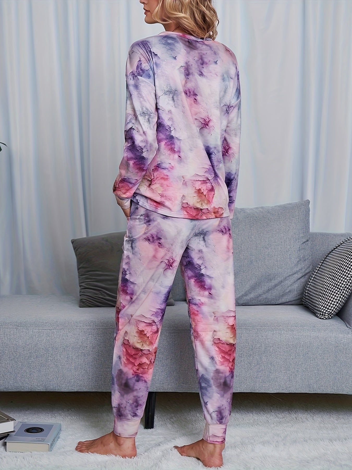 Tie Dye Print Lounge Set Long Sleeve Top & Pants Women's Loungewear