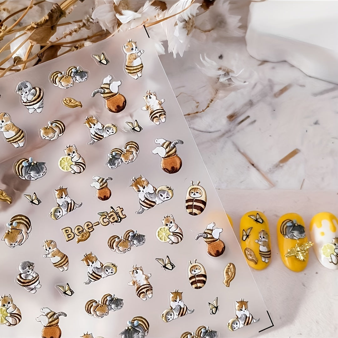 1pc 5D Embossed Bee Cat Nail Sticker Decal Nail Art Relief Manicure Accessories