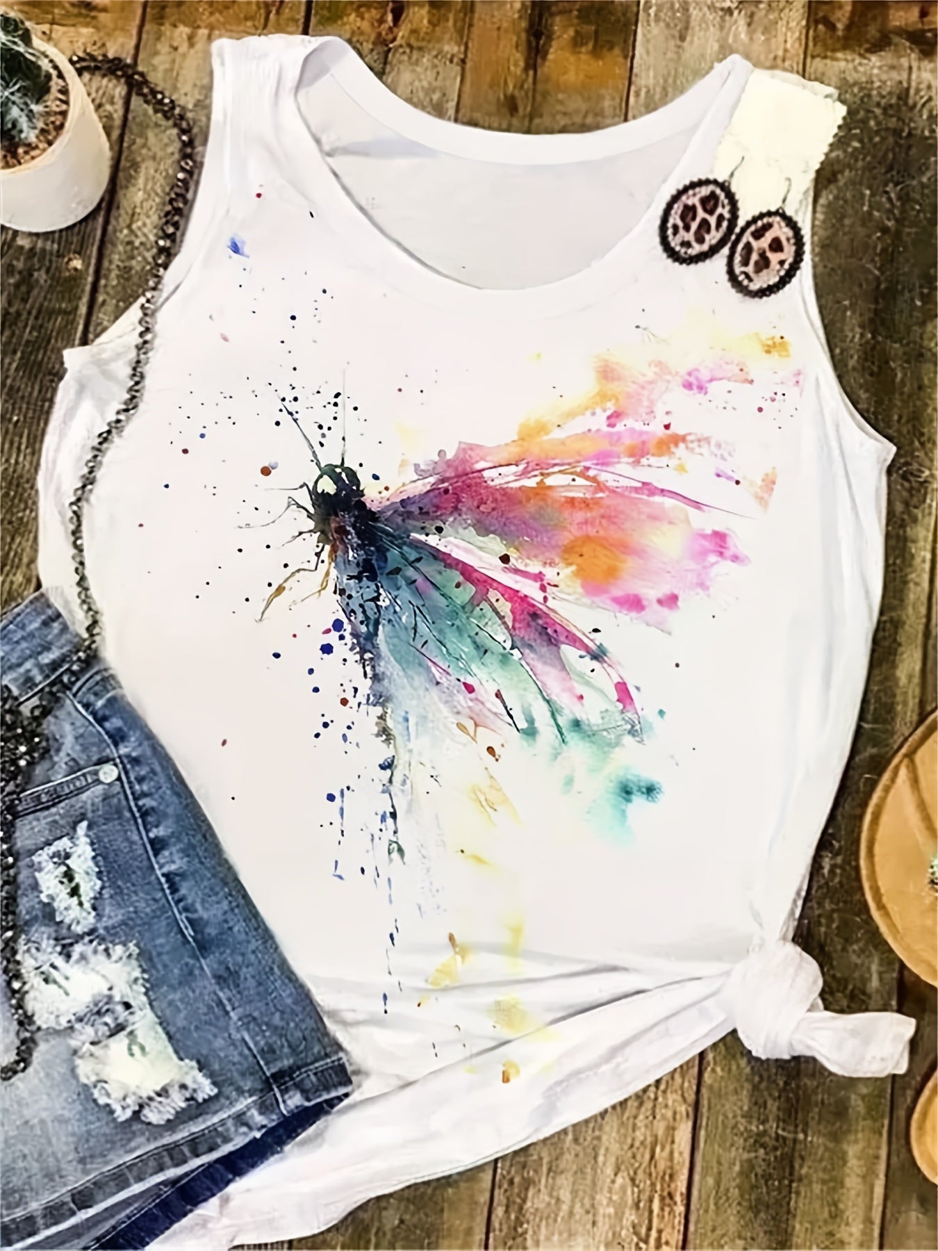 Dragonfly Print Sleeveless Tank Top