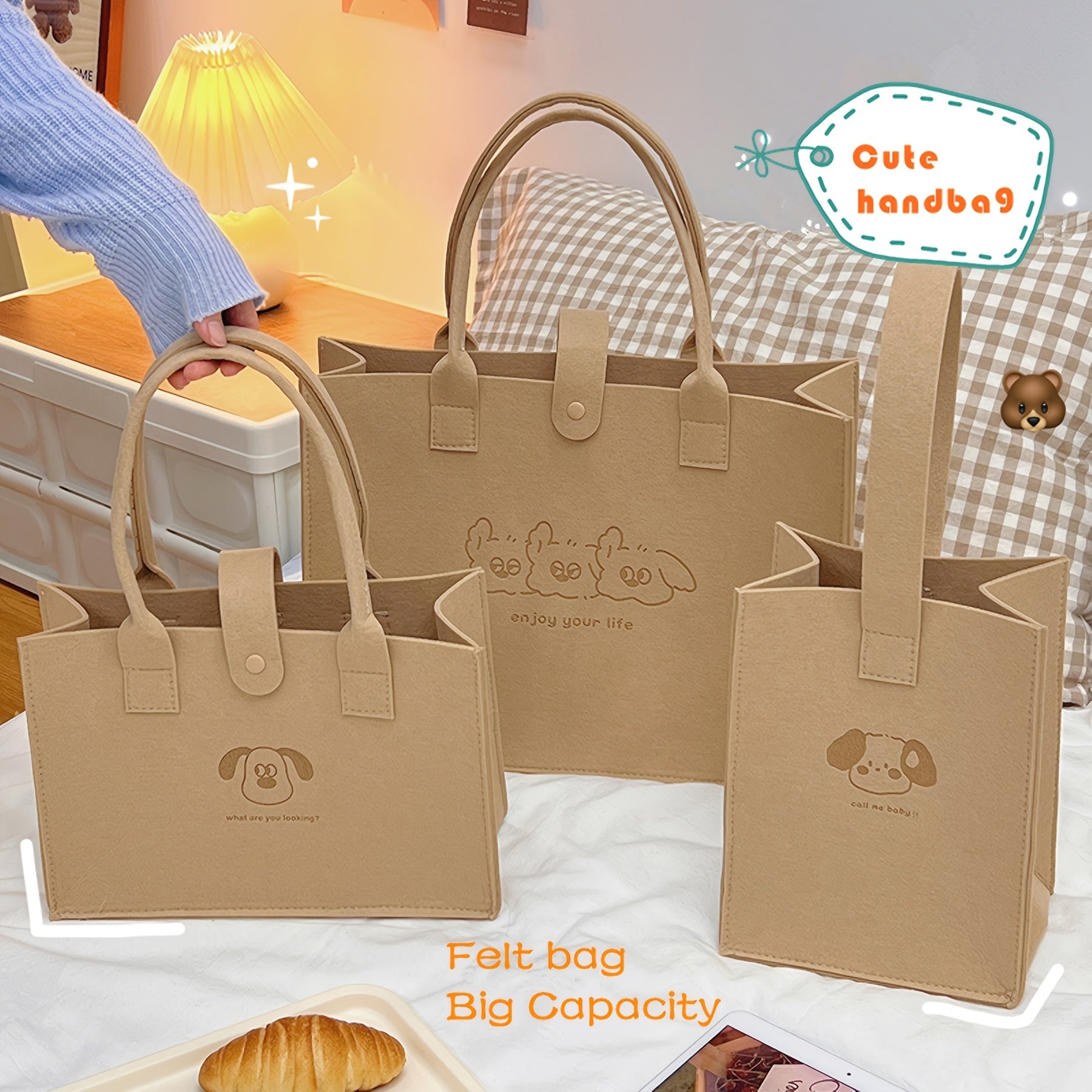 Animal Pattern Tote Bag Felt Handbag Women's Shoulder Bag Work School