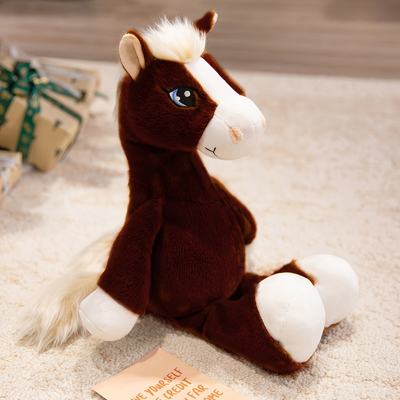 Soft Plush Horse Toy for Kids Cuddly Stuffed Animal Brown Polyester Material