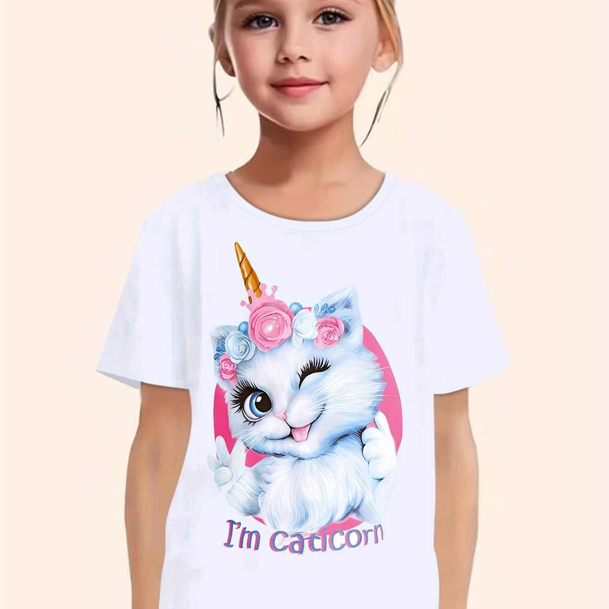 Cartoon Cat Graphic Short Sleeve T-Shirt for Girls - Summer Gift