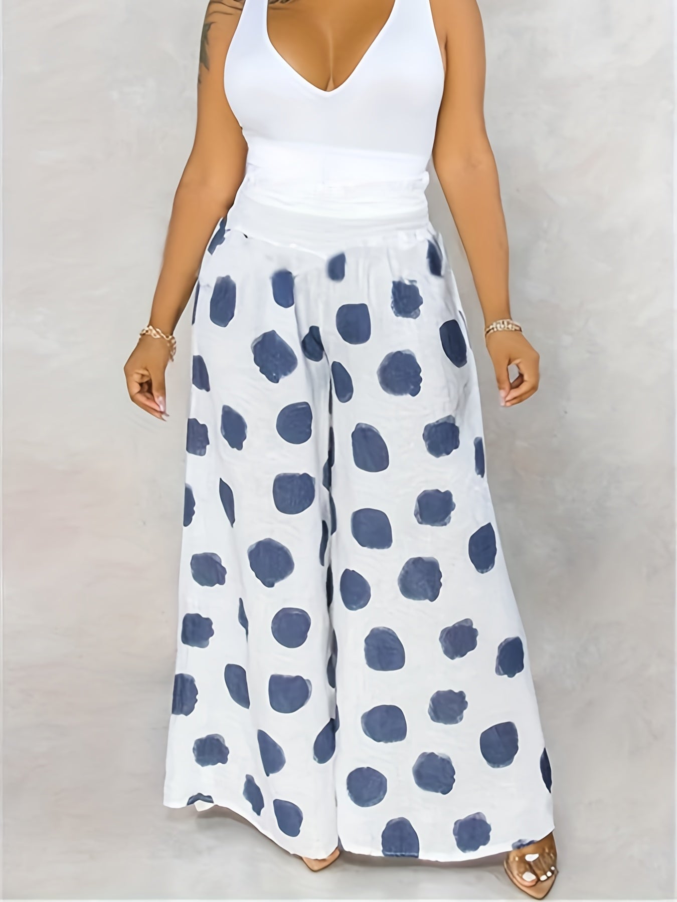  Dot Print Wide Leg Trousers