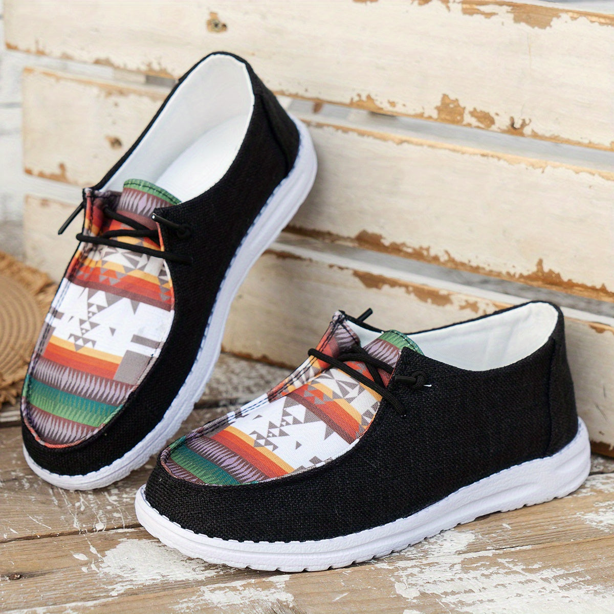 Geometric Print Canvas Low Top Lace Up Flat Casual Shoes