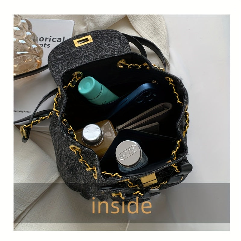 Minimalist Denim Backpack Solid Turn Lock Chain Daypack