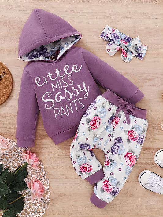 Baby Girls Floral Hooded Romper Pants Headband Set