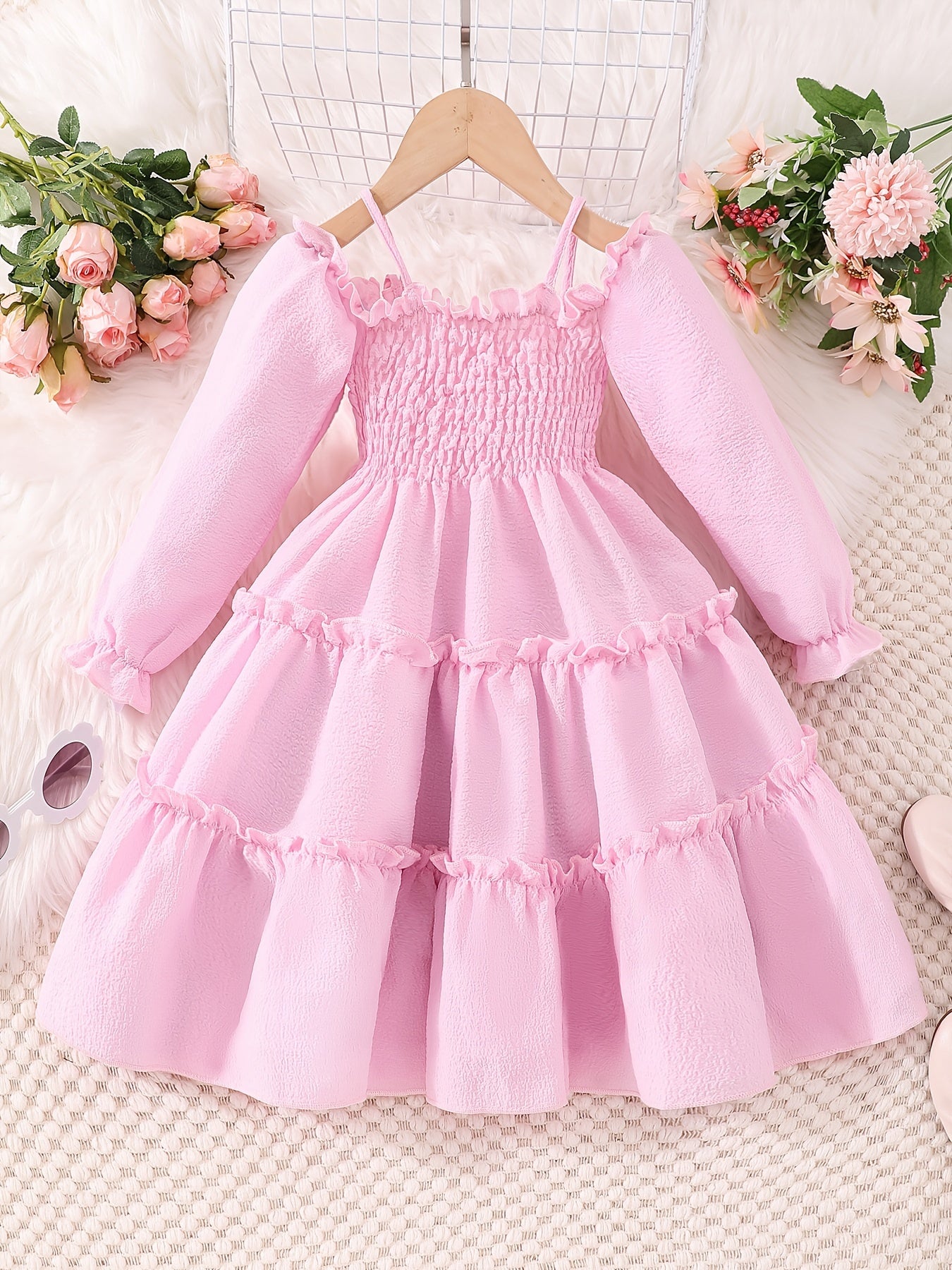 Off Shoulder Princess Dress For Girls Long Sleeve Vacation Dress Kids Clothing