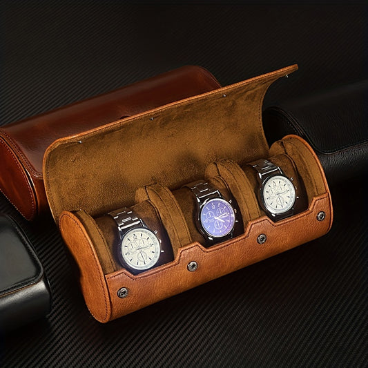 WESSLECO 3 Slots Roll Travel Case Vintage PU Leather Watch Organizer