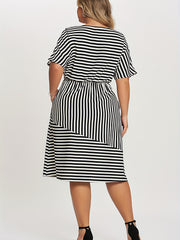  Stripe Print Short Sleeve Midi Dress With Pockets