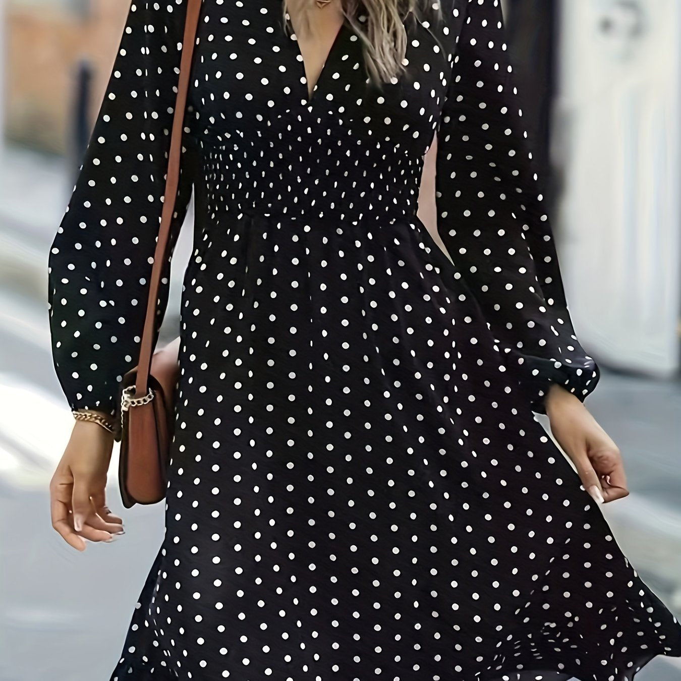  Polka Dot Print Lantern Sleeve V Neck Ruffle Trim Midi Dress