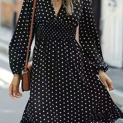 Polka Dot Print Lantern Sleeve V Neck Ruffle Trim Midi Dress