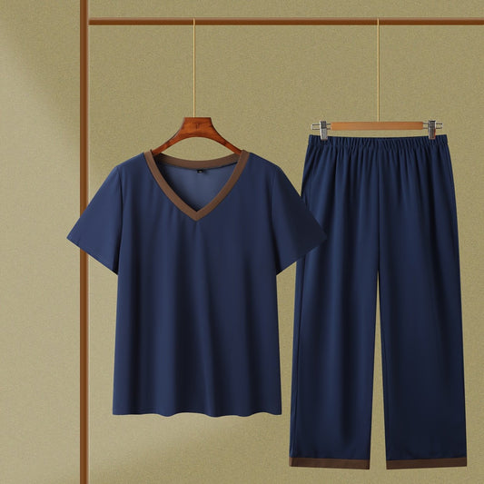 Colorblock V Neck Top & Wide Leg Pants 2 Piece Set