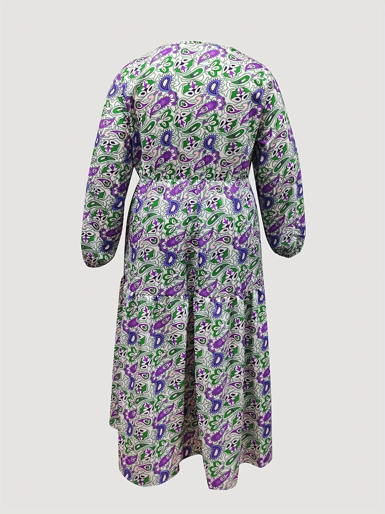 Boho Paisley Print Lantern Sleeve V Neck Smock Dress