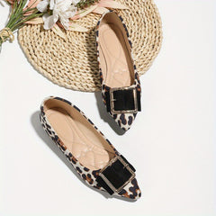 Leopard Print Flat Shoes Point Toe Dress Shoes Lightweight Square Buckle Decor
