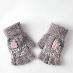 Embroidered Strawberry Fingerless Knit Gloves