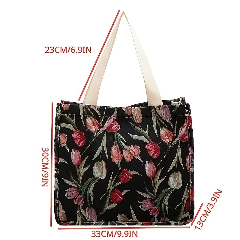 Flower Graphic Tote Bag Canvas Shoulder Bag Large Capacity Handbag