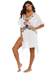 Crochet Floral Decor Beach Dress V Neck Semi Sheer Split Kaftan
