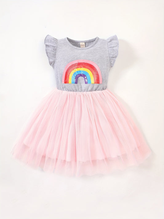 Girls Ruffled Sleeves Sequin Rainbow Patchwork Mesh Princess Dress