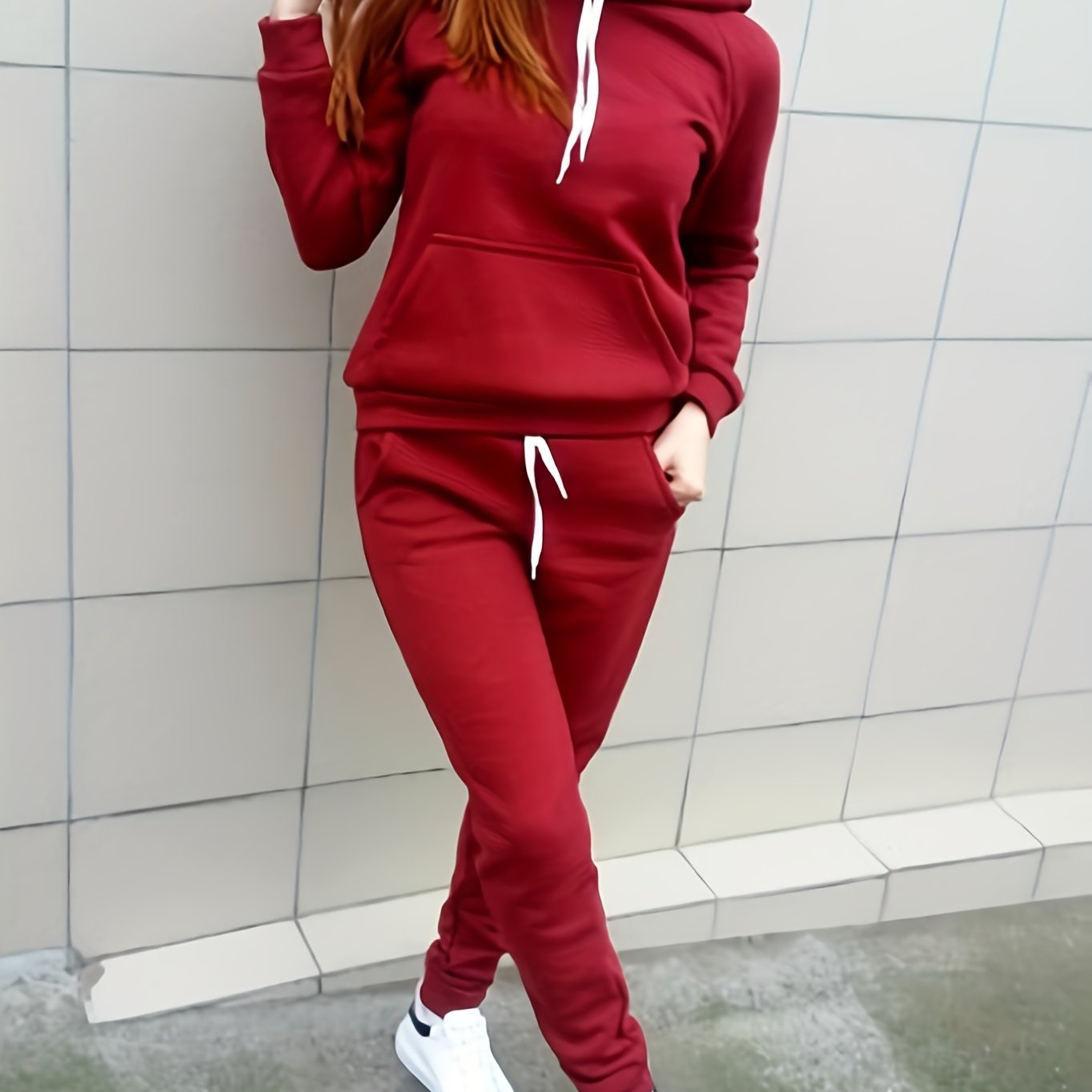 Solid Two-Piece Set Hoodie & Pants Outfit