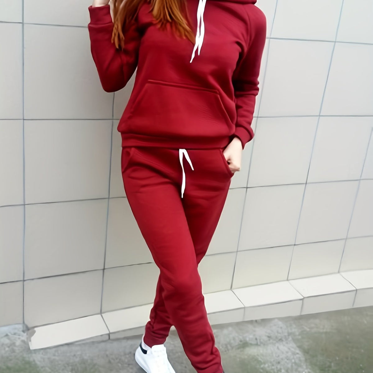 Solid Two-Piece Set Hoodie & Pants Outfit