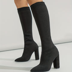 Women's Solid Over Knee Slim Boots Point Toe Chunky Heel Comfy Shoes