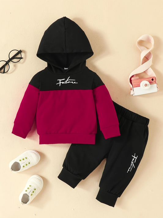2pcs Infant Block Hoodie Letter Print Sweatshirt & Pant Set