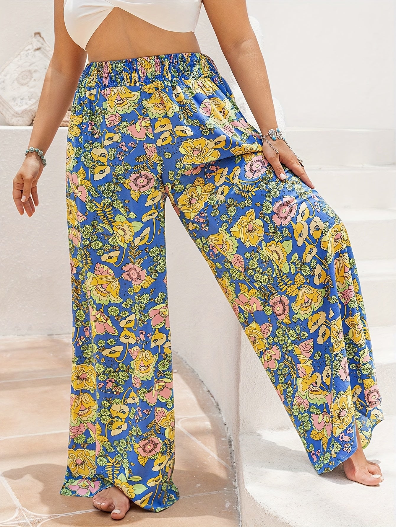  Floral Print High Rise Wide Leg Trousers