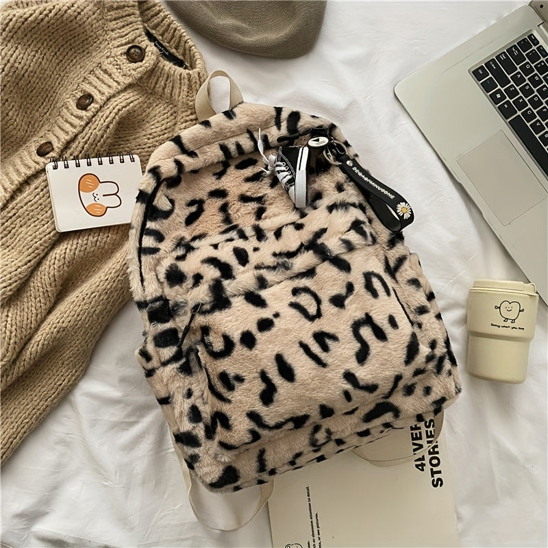 Plush Leopard Pattern Backpack Y2K Girls Student School Bag Fluffy Daypack