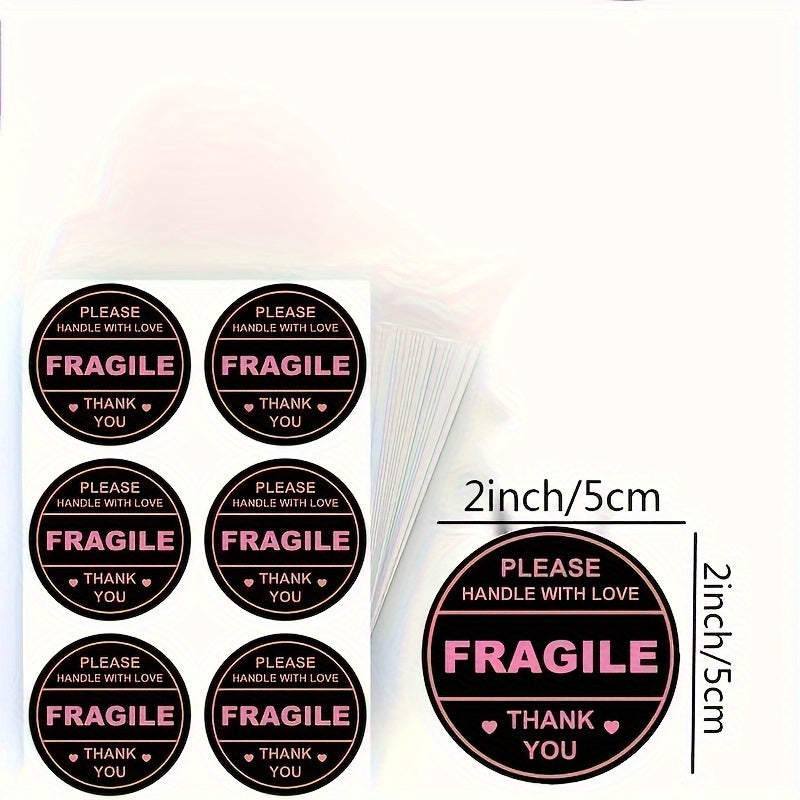 2" Pink Fragile Handle Heart Label Stickers 60pcs Adhesive
