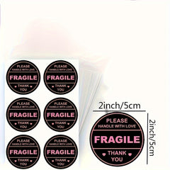 2" Pink Fragile Handle Heart Label Stickers 60pcs Adhesive
