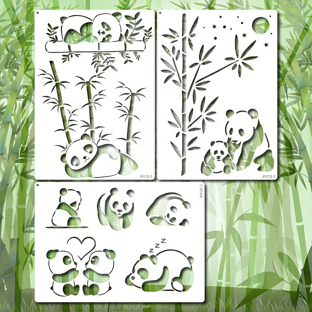 3pcs A4 Size Panda Mother Bamboo Stencils Wood Carving Scrapbooki