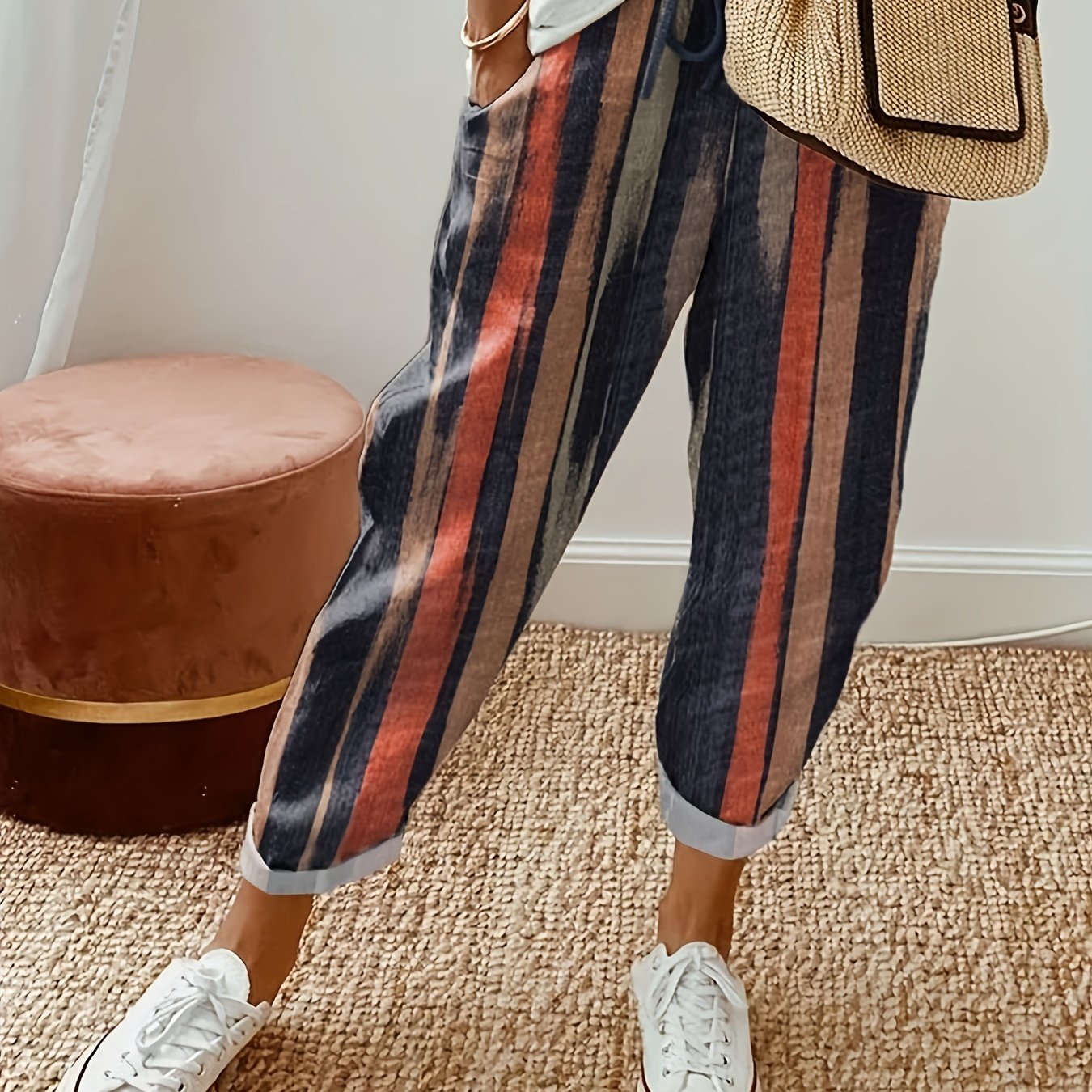  Stripe Print High Rise Loose Trousers