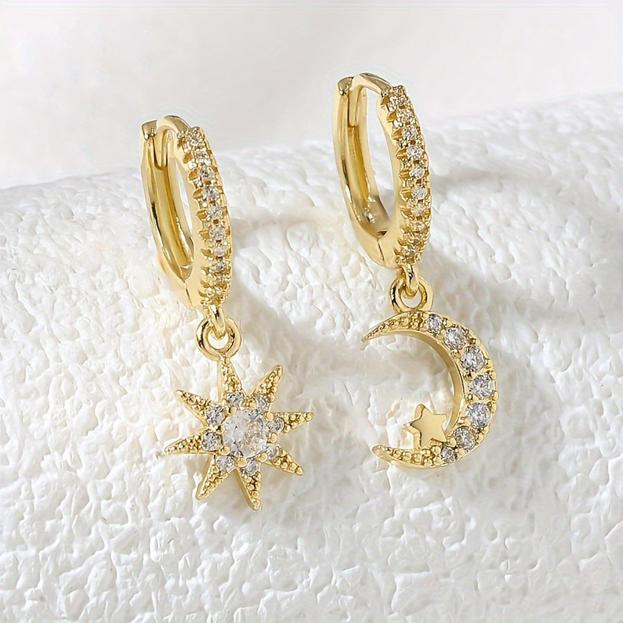 Sun & Moon Zircon Drop Hoop Earrings 18K Plated Ear Jewelry Gift